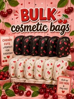 BULK White & Black Cherry Themed Cosmetic Bags (Set Of 12)